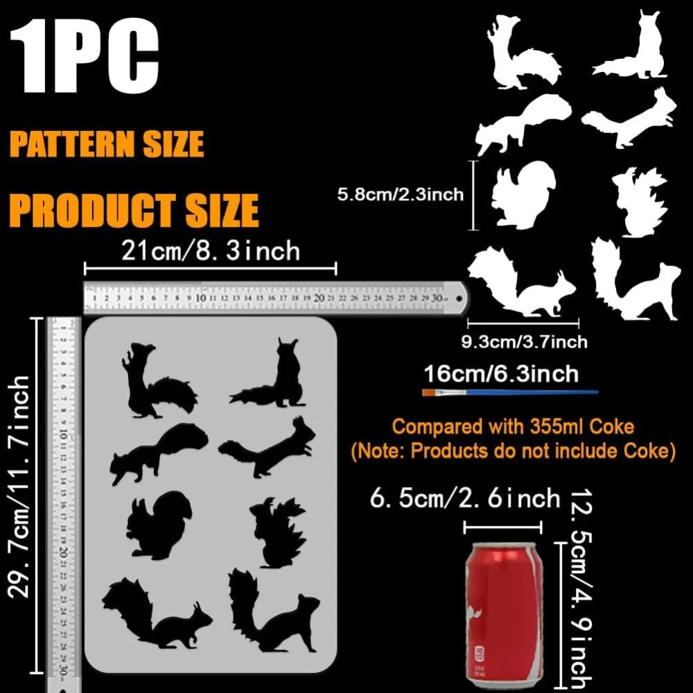 Various Squirrels Painting Stencil with Plastic Paint Brush 8.3x11.7inch Multiple Squirrels Pattern Template Reusable