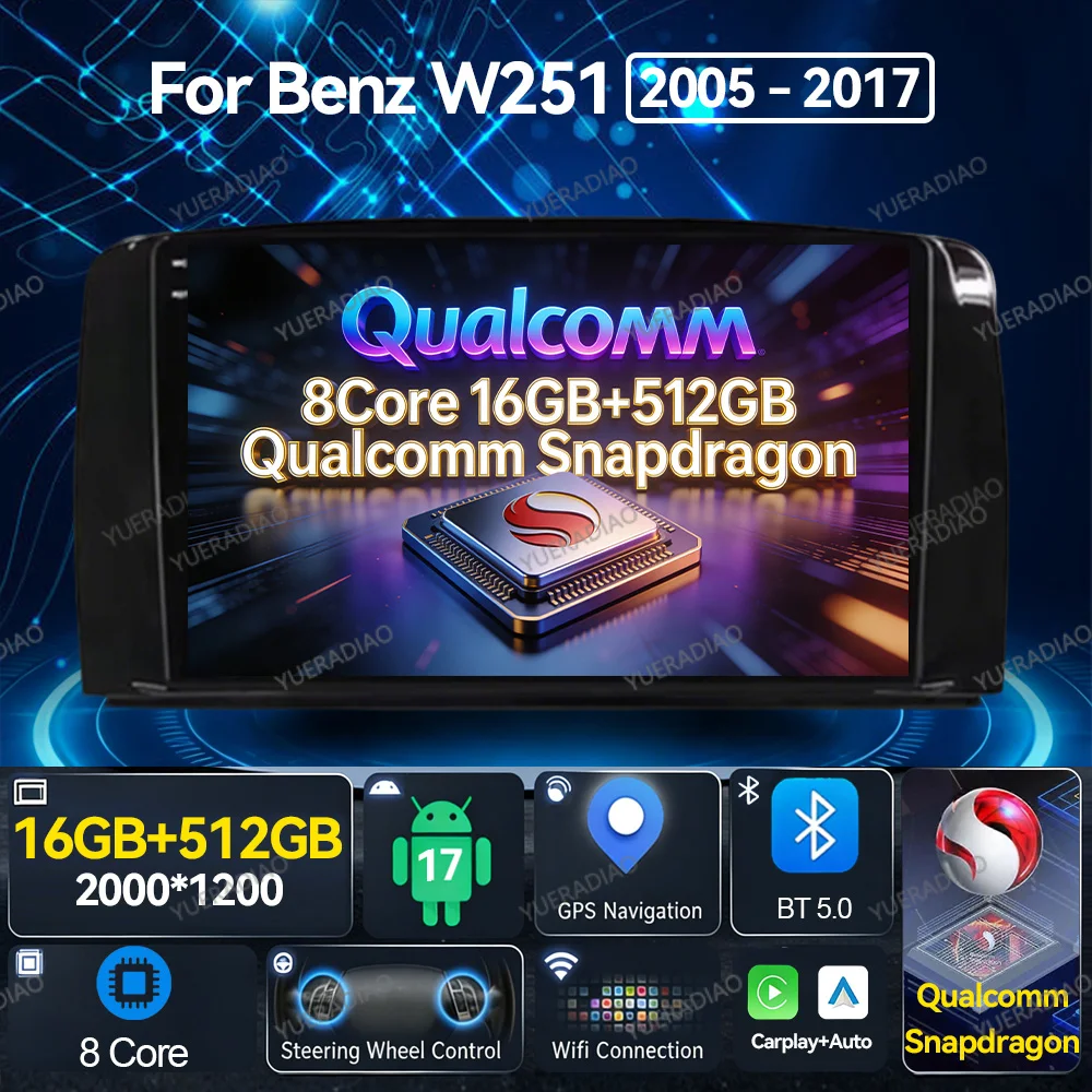 Android 17 Car Radio For Mercedes Benz R-Class R Class W251 R280 R300 R320 2005 - 2017 QLED Head Unit 4G LTE 5G WIFI Qualcomm BT