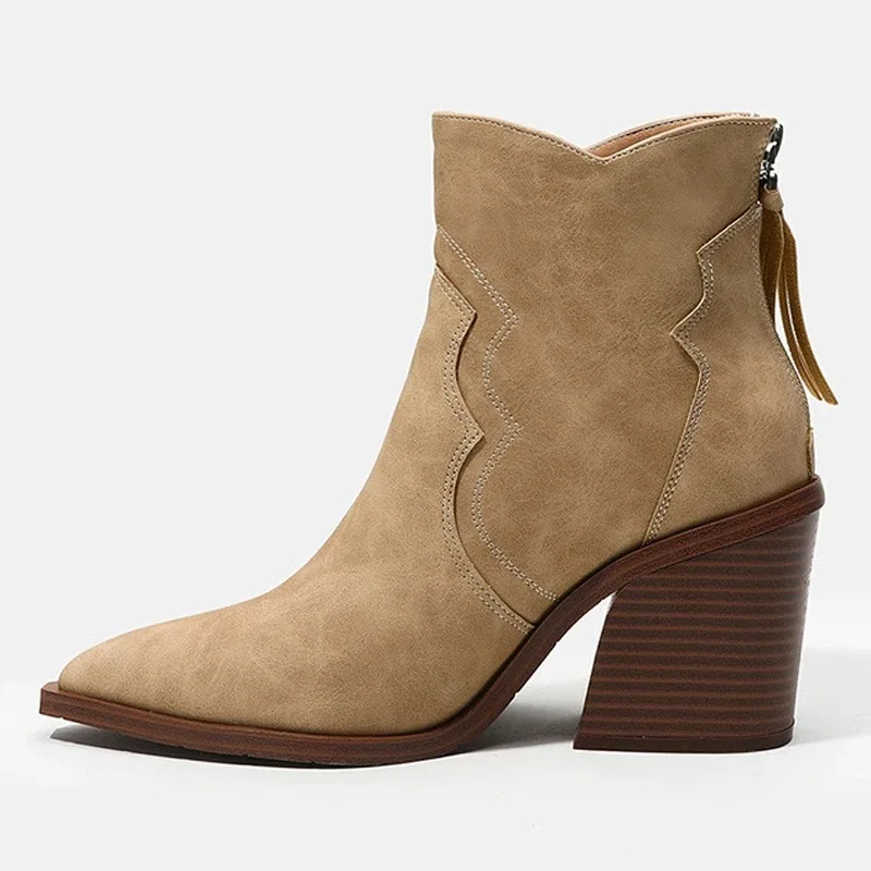 Botas de tacón grueso de madera para Mujer, zapatos de cuero liso, cuñas con punta estrecha, botines de vaquero, botines Chelsea para Mujer