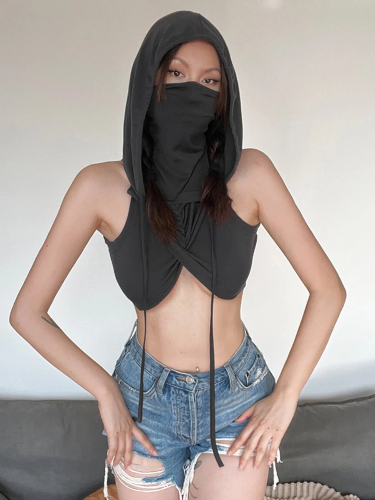 WEIRD PUSS ey Cross-Ne Svel Vest Women's Slim Fit Hoodie Street Sle ort Length Polyester Spandex Blend