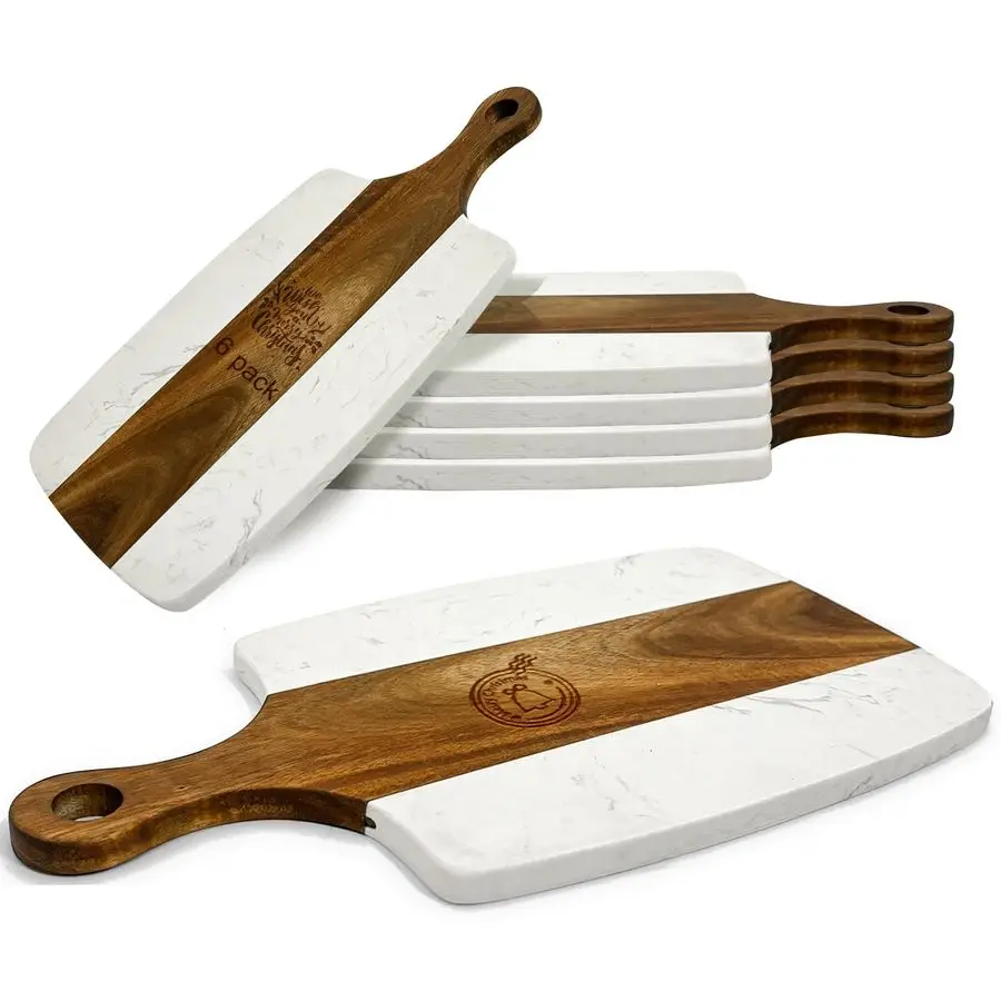 

Pack Marble and Wood Cutting Board Acacia Wooden Marble Serving Tray with Handle Charcuterie Chopping Board for Laser Engrave, D