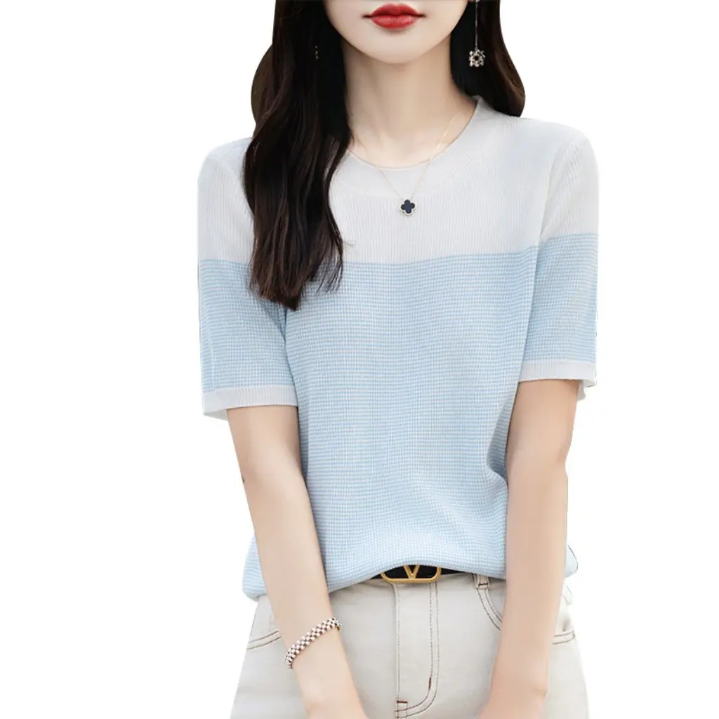 

Летняя женская футболка Quzhu Ice Hemp из шелка с короткими рукавами, тонкий модный топ с круглым вырезом в тонкую полоску для женщин