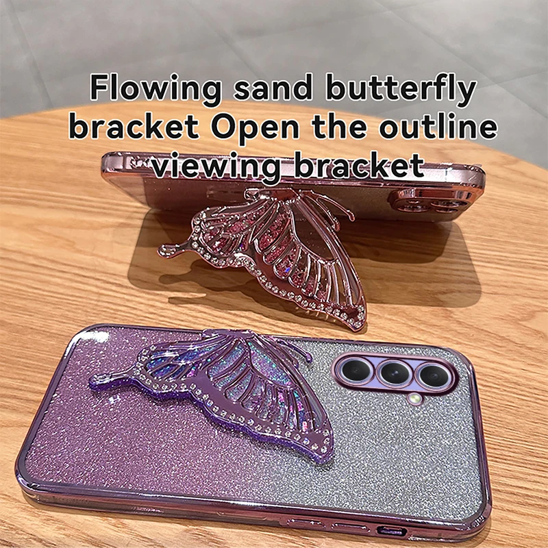 3D Liquid Sand Butterfly Phone Holder Glitter Case for Samsung A55 15 25 05 35 54 14 24 34 53 13 23 33 73 52 32 12 51 50 F15 M55