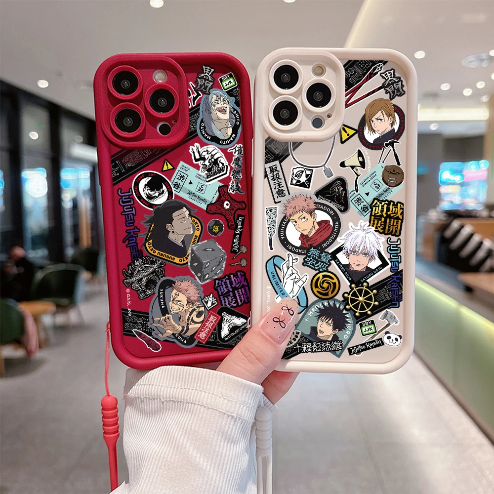 Anime Jujutsu Kaisen Phone Case for IPhone 15 14 13 12 11 Pro Max Mini XR XS X 7 8 Plus Soft TPU Back Cover With Hand Strap