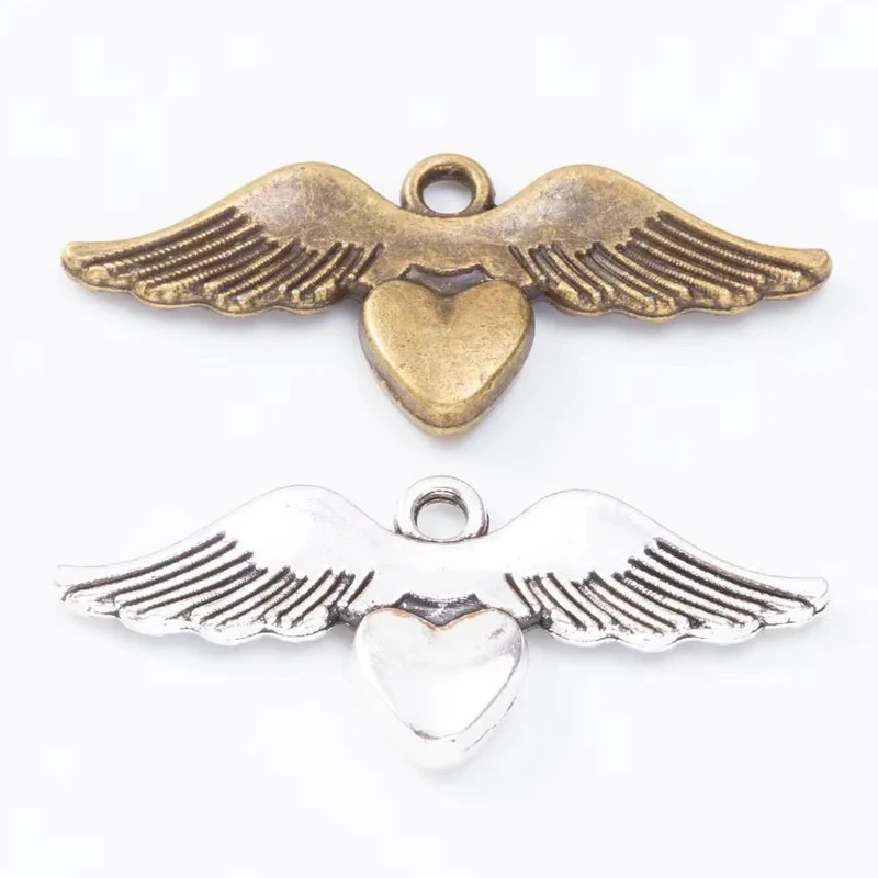 60pcs 14*34MM Zakka Style Wedding Creative Gift Alloy Love Wing Jewelry, Vintage Classic Handmade Diy Sweater Necklace Pendant.