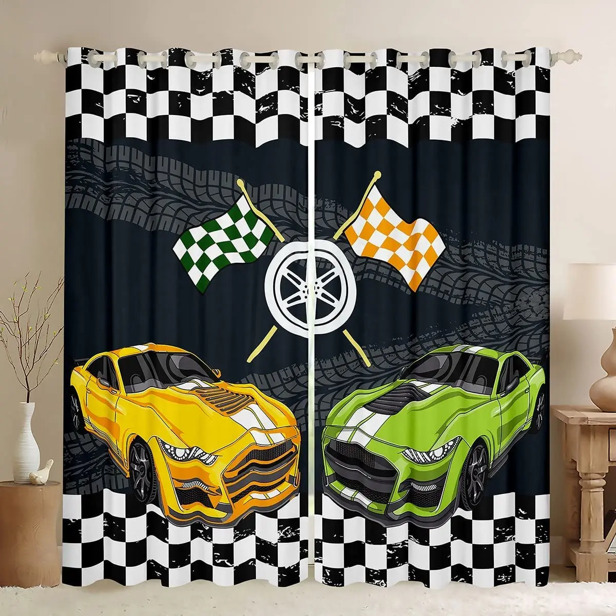 

Cartoon Race Sports Car Window Curtains for Living Room Boy Bedroom 2pcs Lounge Curtains Start Your Engines Window Drapes