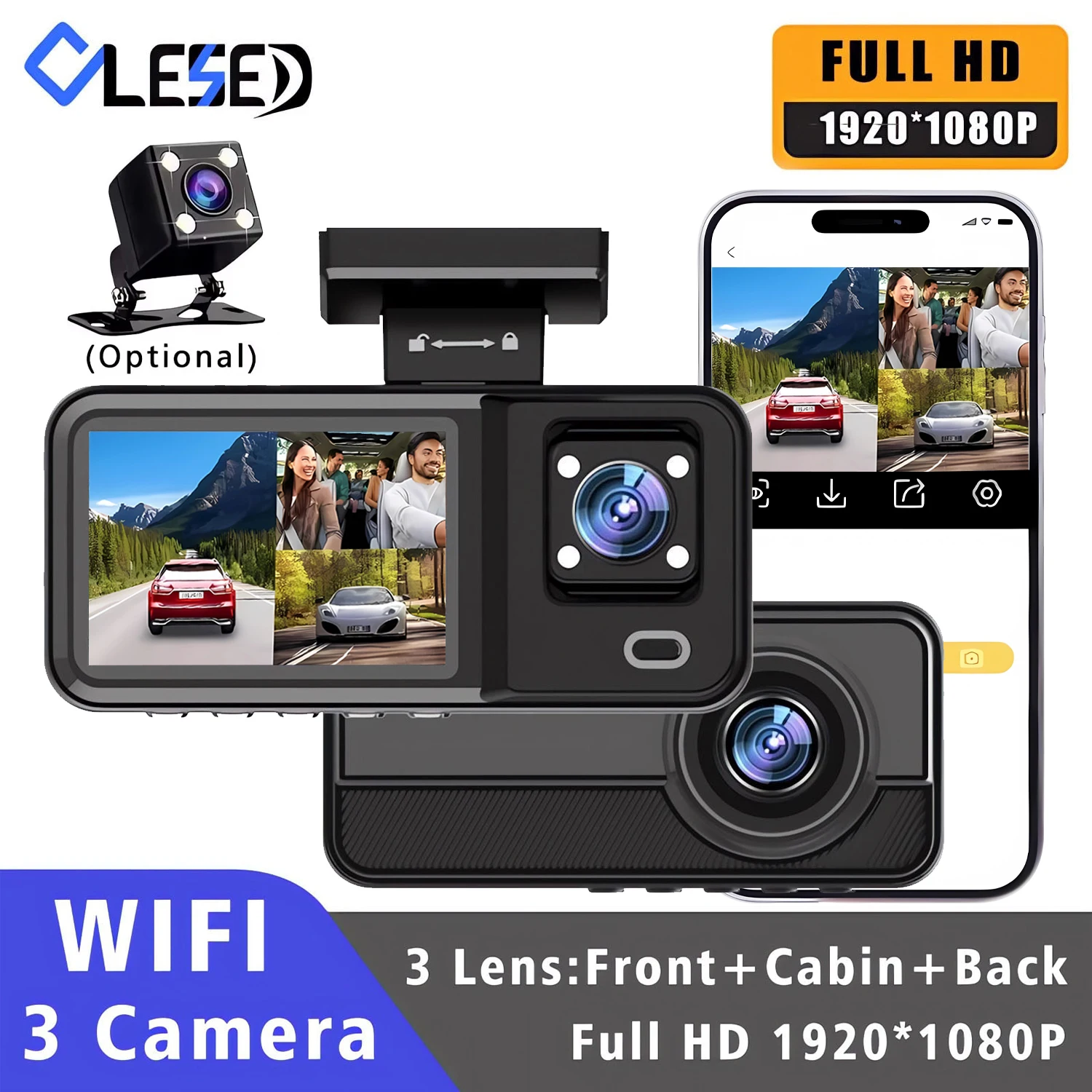 WIFI 3-Kamera-Objektiv Dashcam FHD 1920*1080P Videorekorder 3-Kanal WDR Nachtsicht Dashcam Rückansicht Auto DVR Black Box