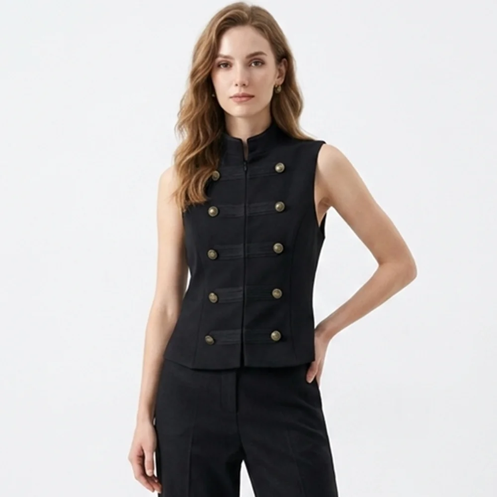Y2K Women's Gothic Vest Black Stand Collar Sleeveless Fitted Waistcoat for Streetwear