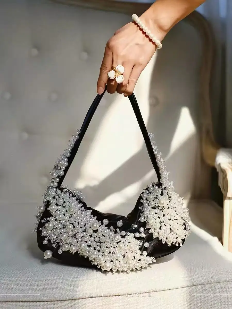 

High Quality Fashion Satin Hobo Bag Beads Beaded Women Handbag Wedding Party Clutch Purse Luxury Banquet Bag Shoulder Bag
