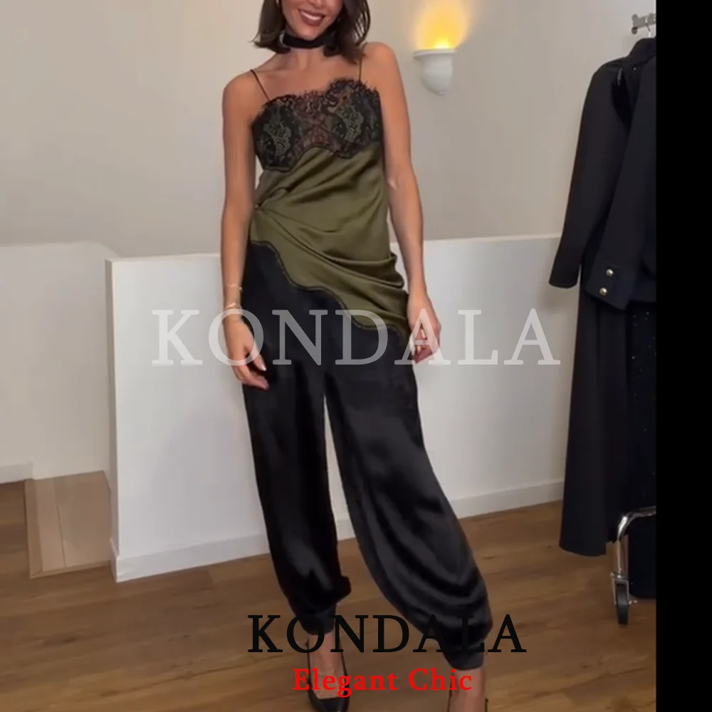 Kondala feminino elegante renda verde midi suspender vestido assimetria bainha vestido 2026 primavera verão moda jantar festa cami vestido
