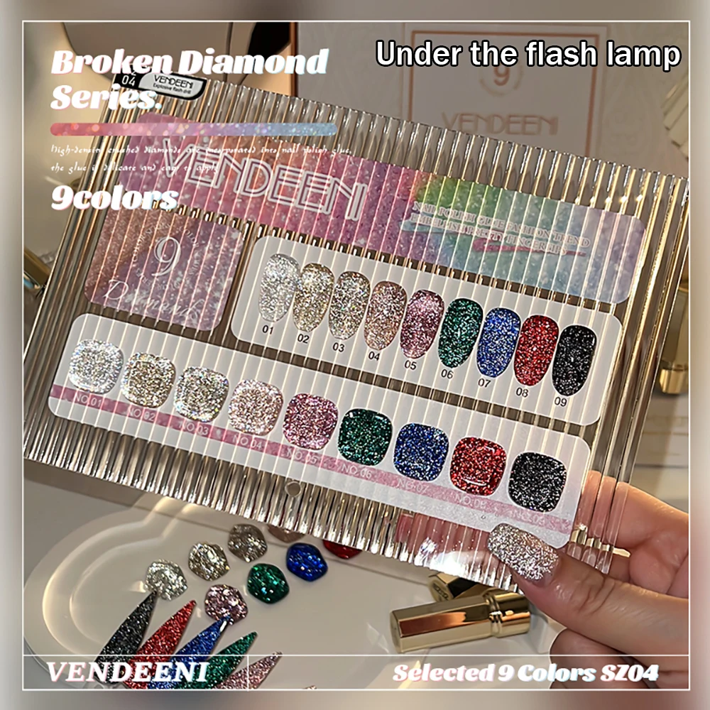 Vendeeni 9 Farben/Set Glitzer-Broken-Diamond-Gel-Nagellack TPO FREE Schwarz Gold Silber Flash UV LED Gel-Lack mit Display – Detail 4