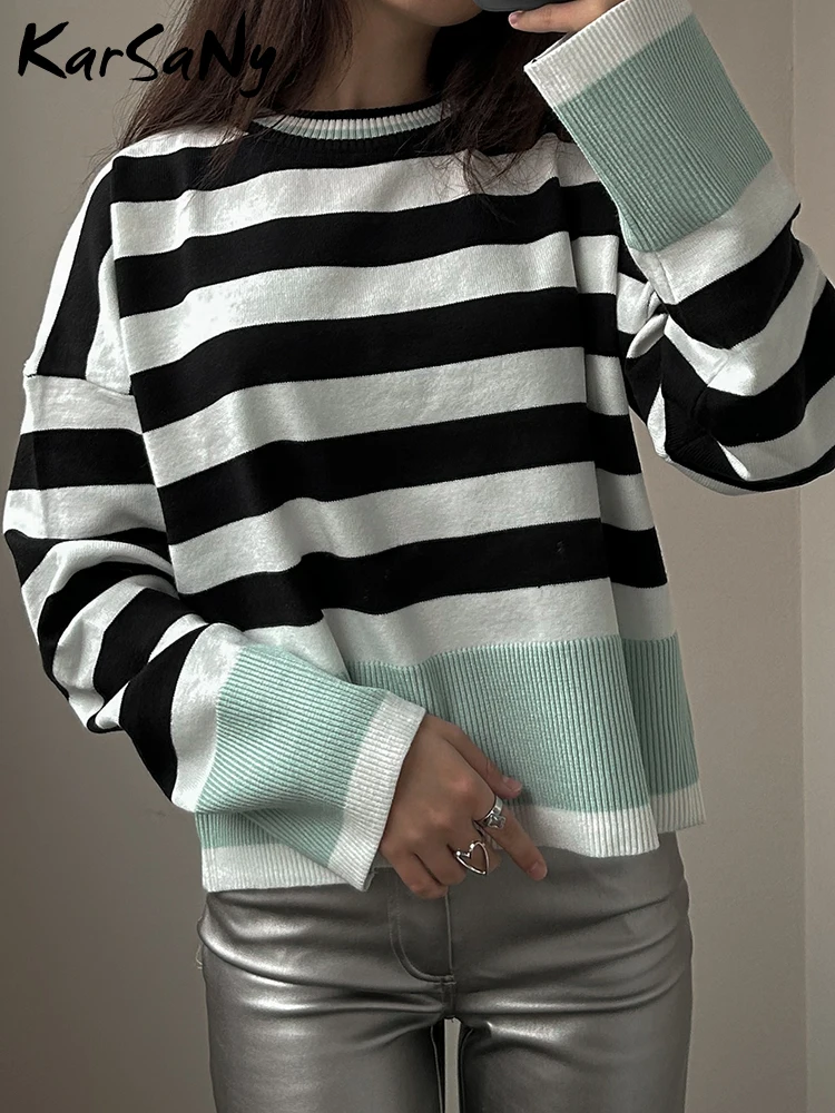 Striped Knitted Sweater For Women Autmun Winter Basic Oversized Vintage Drop Shoulder O Neck Long Sleeve Women\'s Pullover Jumper