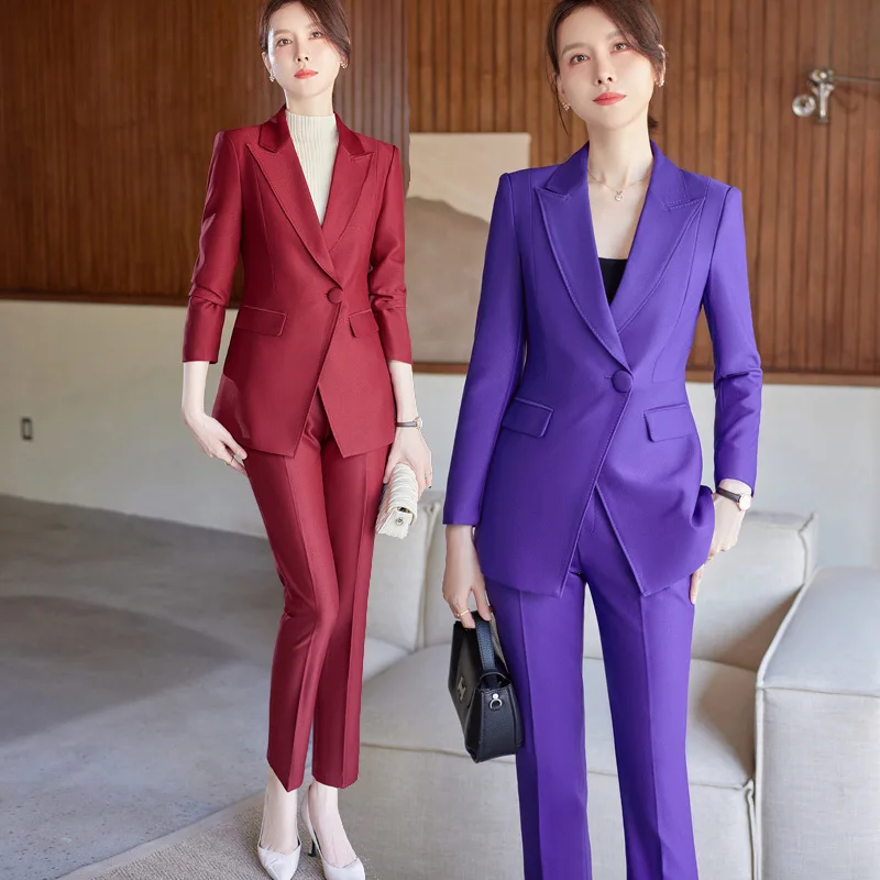 Wine Red Business Suit Female Autumn Hotel Manager Sales Department Jewelry Shop Front Desk Suit Temperament Office Suits