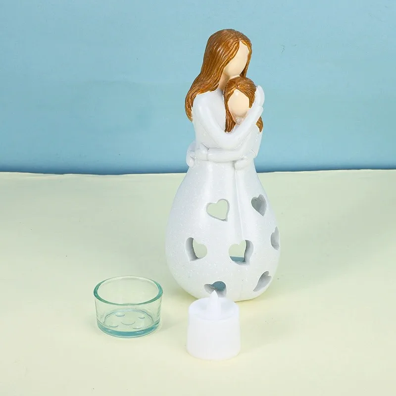 

Standing Mother Hugging Daughter Statue Resin Figurines Candlestick Holder with Flickering LED Candle Memorial Gifts