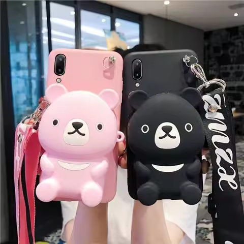 Cartoon 3D Black Bear Wallet Case For Samsung Galaxy S9 S10 Plus S20 S21 FE S22 S23 S24 S25 Ultra Cute Animals Dog Bags Shell