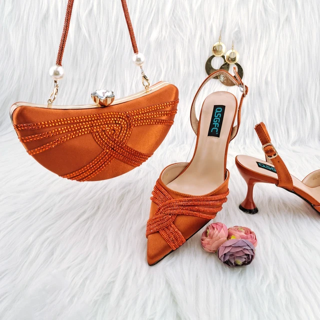 Nigeria Hot African Ladies Shoes And Bag Orange Cross Diamond Belt Decoration Exquisite Banquet Ladies Rhinestones