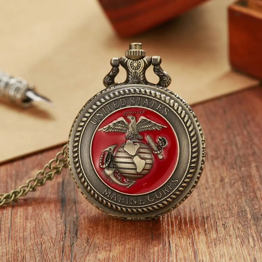 United State Marine Corps Theme Necklace Quartz Pocket Watch Fashion Red Souvenir Pendant Chain Military Watch Top Gifts for Men