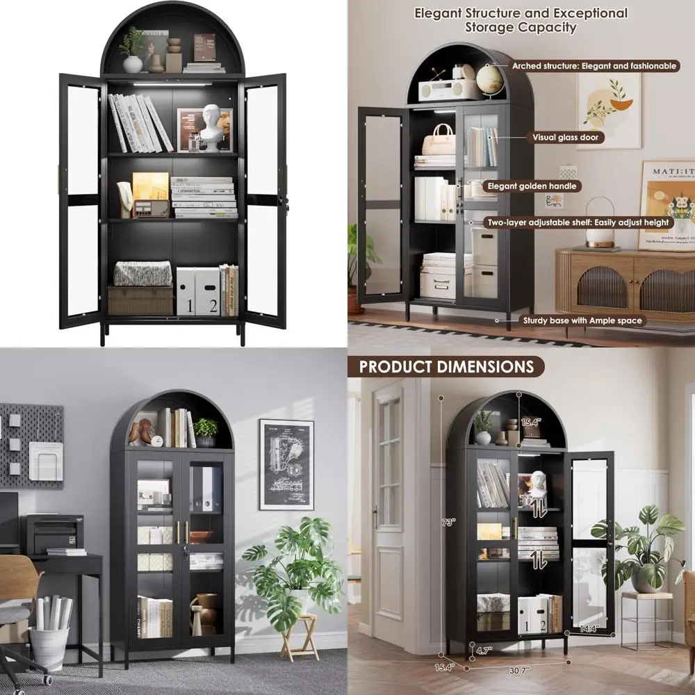 

73-дюймовая металлическая арочная книжная полка с 3 интеллектуальными системами освещения, арочный шкаф-витрина со стеклянной дверью и полками