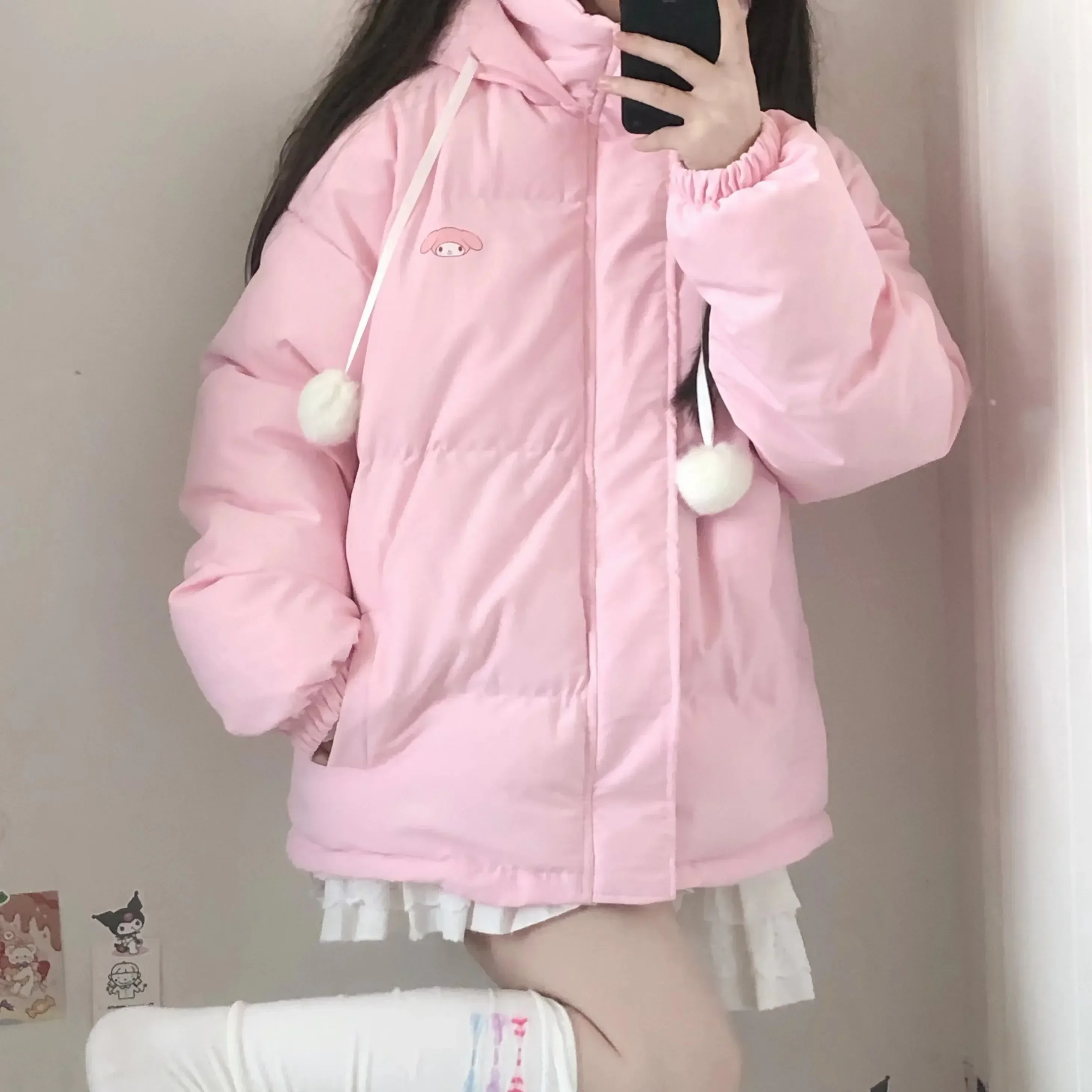 Sanrio Kawaii Sweet Pink Down Coat for Women Y2k Trendy Parkas Korean Style Winter Hooded Cotton Padded Parkas Student Jacket