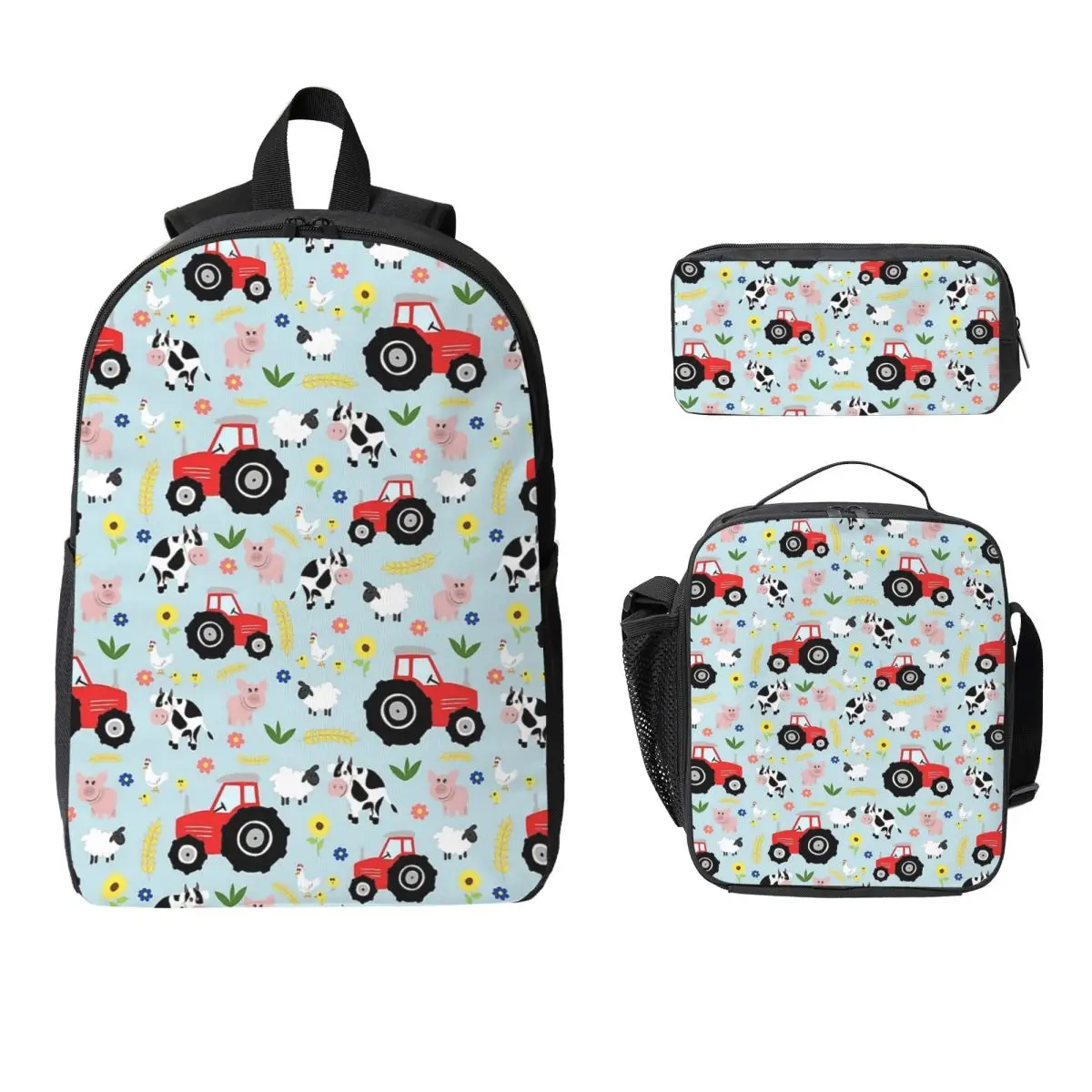 

Cute Kids Red Tractor Farm Animal Pattern Backpack Student Boys Girls BookBag School Bag 3ps Insulated Lunch Bag Pencil Case