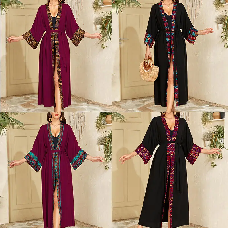 

2026 Ethnic Style Cardigan Women Robe Belt Bikini Cover-Up Kimono Gown Loose Summer New Costume Vacation Sunscreen Outerwear