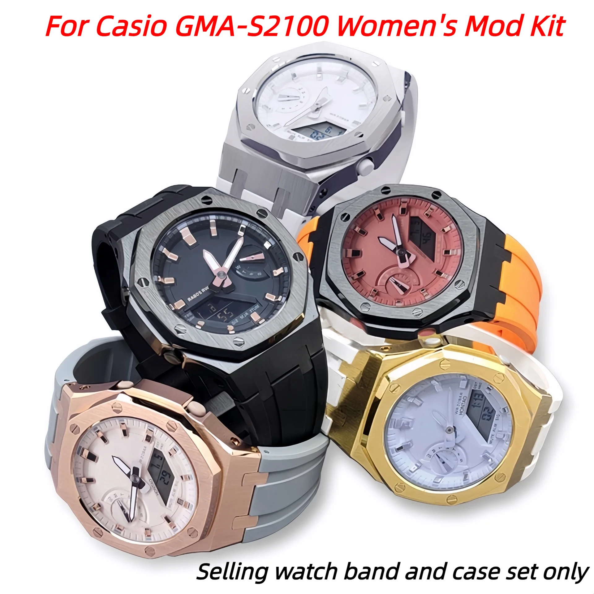 GMA-S2100 طقم عصري الفولاذ المقاوم للصدأ ساعة حزام المطاط سوار ل كاسيو G-SHOCK البلوط GMA S2100 المرأة حزام ساعة معدني مجموعة