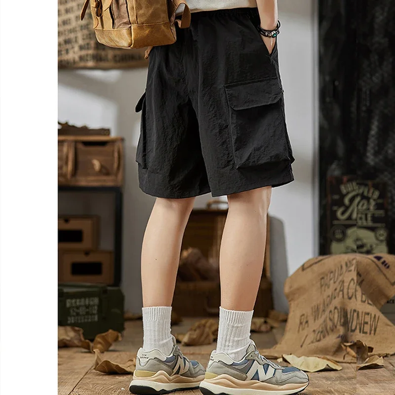 Calça curta masculina de secagem rápida, roupa de trabalho ao ar livre, verão, sensação legal, retrô, falsa, casual, comprimento de cinco quartos, calça de moletom