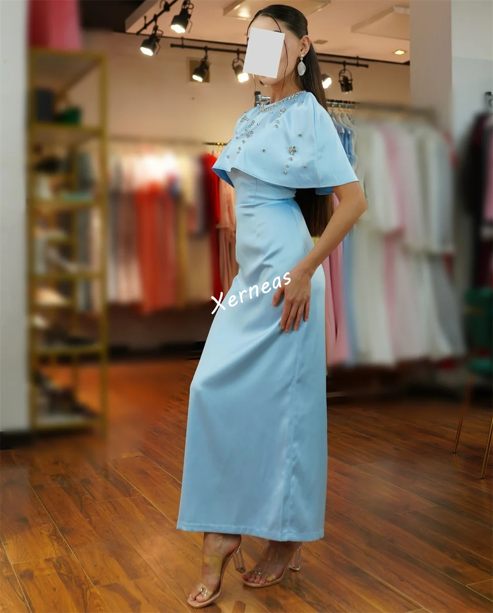 Customized Charmeuse O-Neck Rhinestone A-line Midi Dresses Bespoke Occasion Shawl Women's Evening Party Gown Sparkle Formal