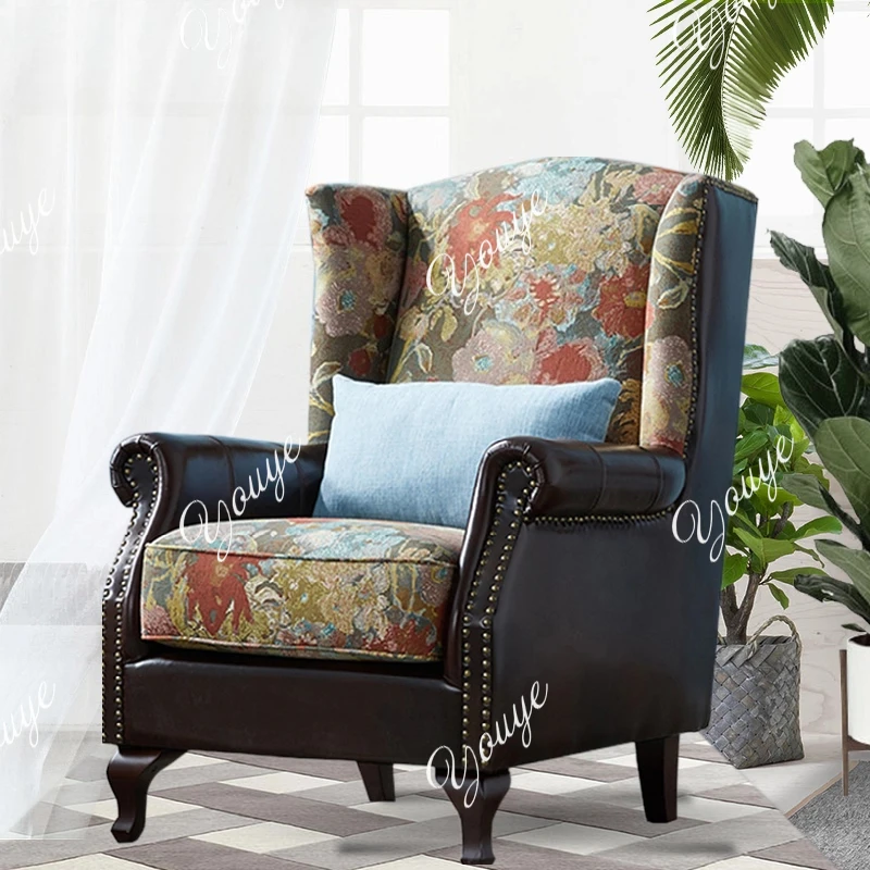 

American leather fabric single sofa small apartment living room bedroom study high back lazy chair combination