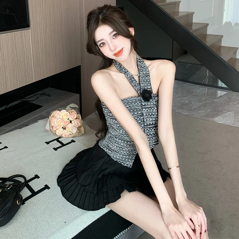 2024 Summer New Dress Sets Women Halter Strapless Tops + High Waist Pleated Skirts Female Korean Style Fashion Two-piece Set