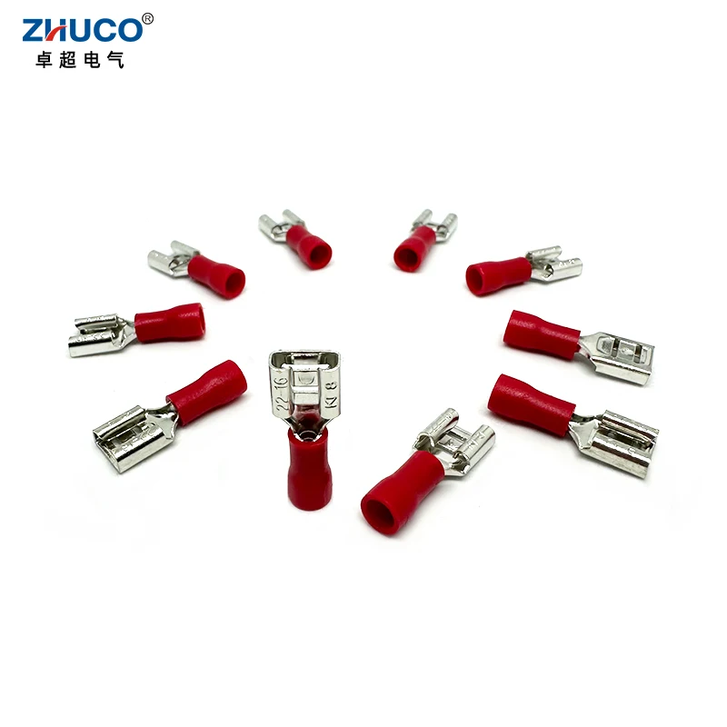 100pcs FDD1.25-250 6.35mm Red Insulated Female Crimp Spade Terminal Electrical Brass Wire Connector Faston Cable 22-16 AWG