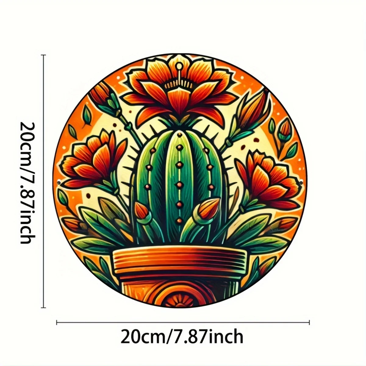 1-Pack Mexican Folk Art Cactus Wall Decor - Hand-Painted-Look Aluminum Metal Plate with Cacti & Agave Design - 7.8 Inch Round So