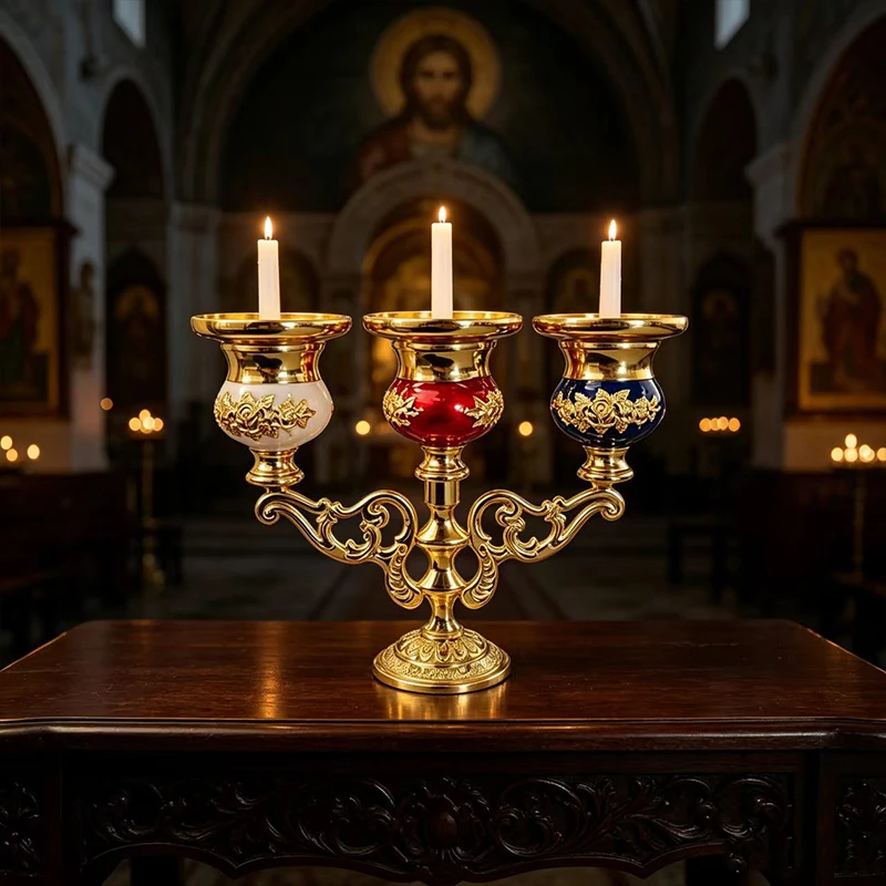 Luxury Byzantine Orthodox Three Light Candelabra Gold Plated White Red Blue Enamel Church Home Altar Candlestick Religious Gift