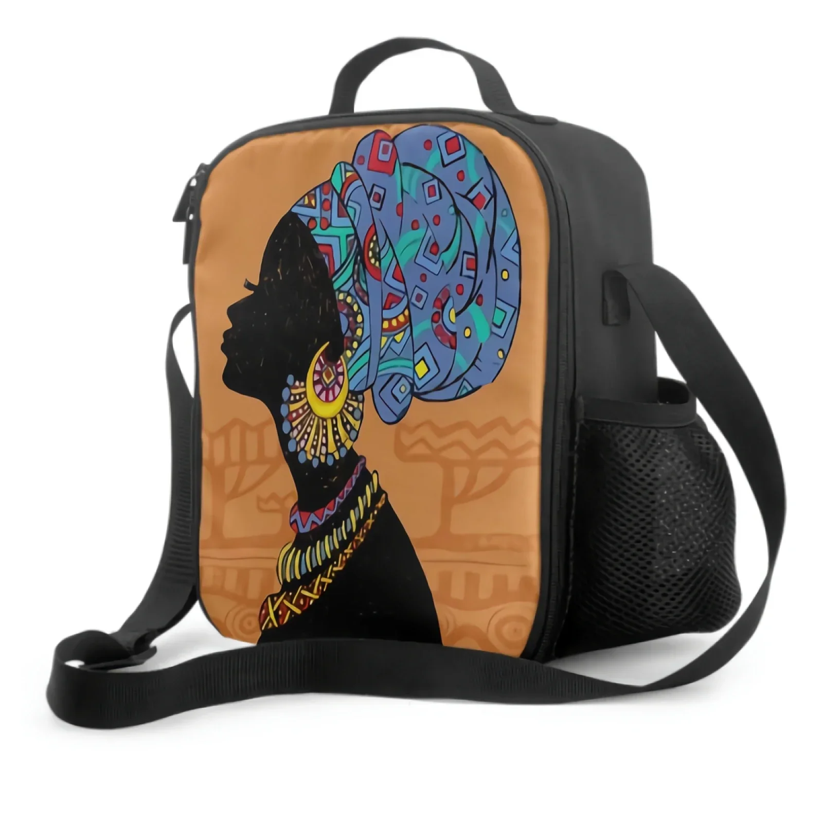 

3D Silhouette Of African Woman Insulated Lunch Box African Woman Art Drawing Pattern Cooler Bag Tote Bag for Picnic Travel Work