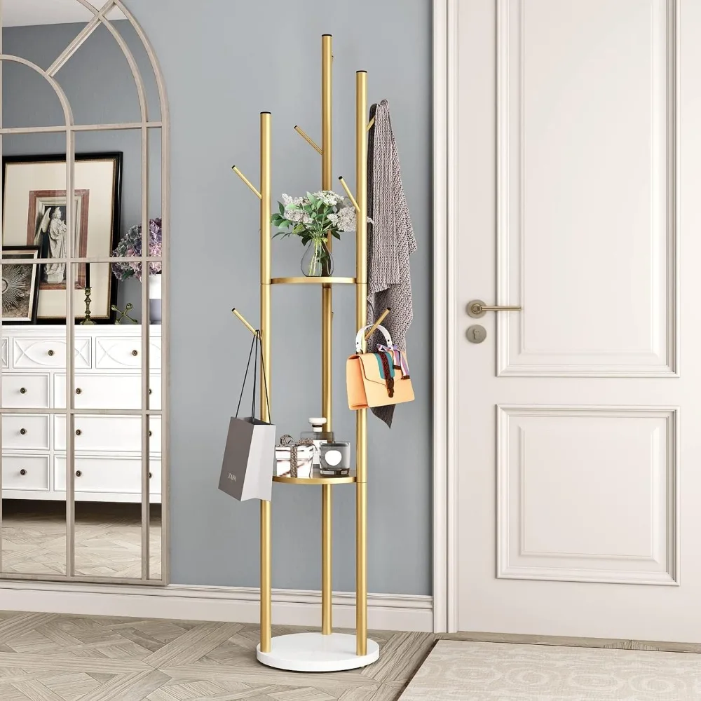 

Metal Coat Racks Tree Hanger Freestanding With 3 Storage Shelves and 9 High-grade Hooks and Stable Marble Base Clothes Rack Room