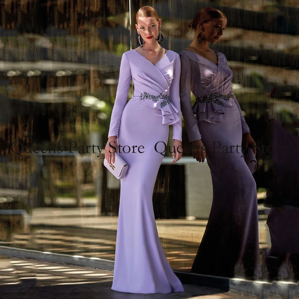 

Lilac Mermaid Mother of The Bride Dress Fashion V Neck Long Sleeve Beading Pleat Sweep Train Jersey Stretch Wedding Guest Gown