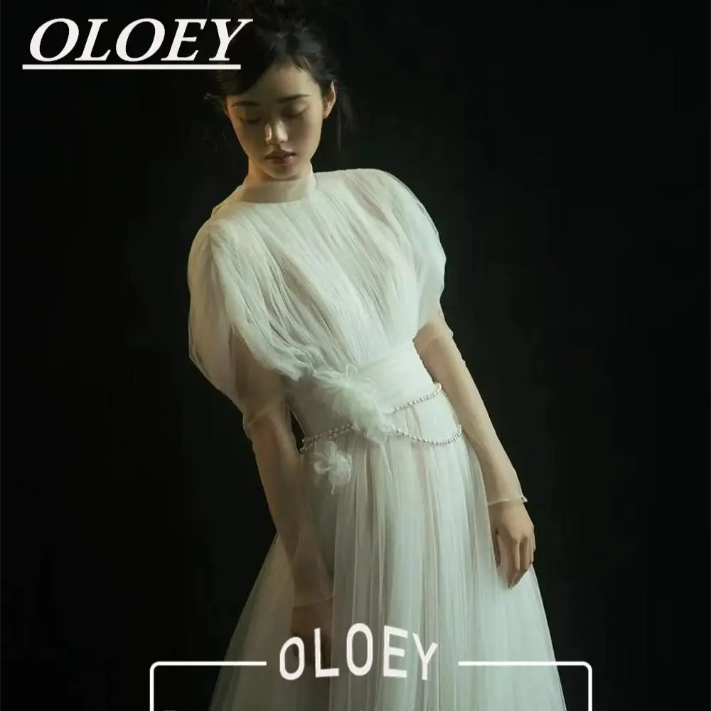 OLOEY Unique O-neck Ivory Wedding Dresses Pleated Tulle Flower Pearls A-line Bridal Gown Customized Vintage Robe De Mariage