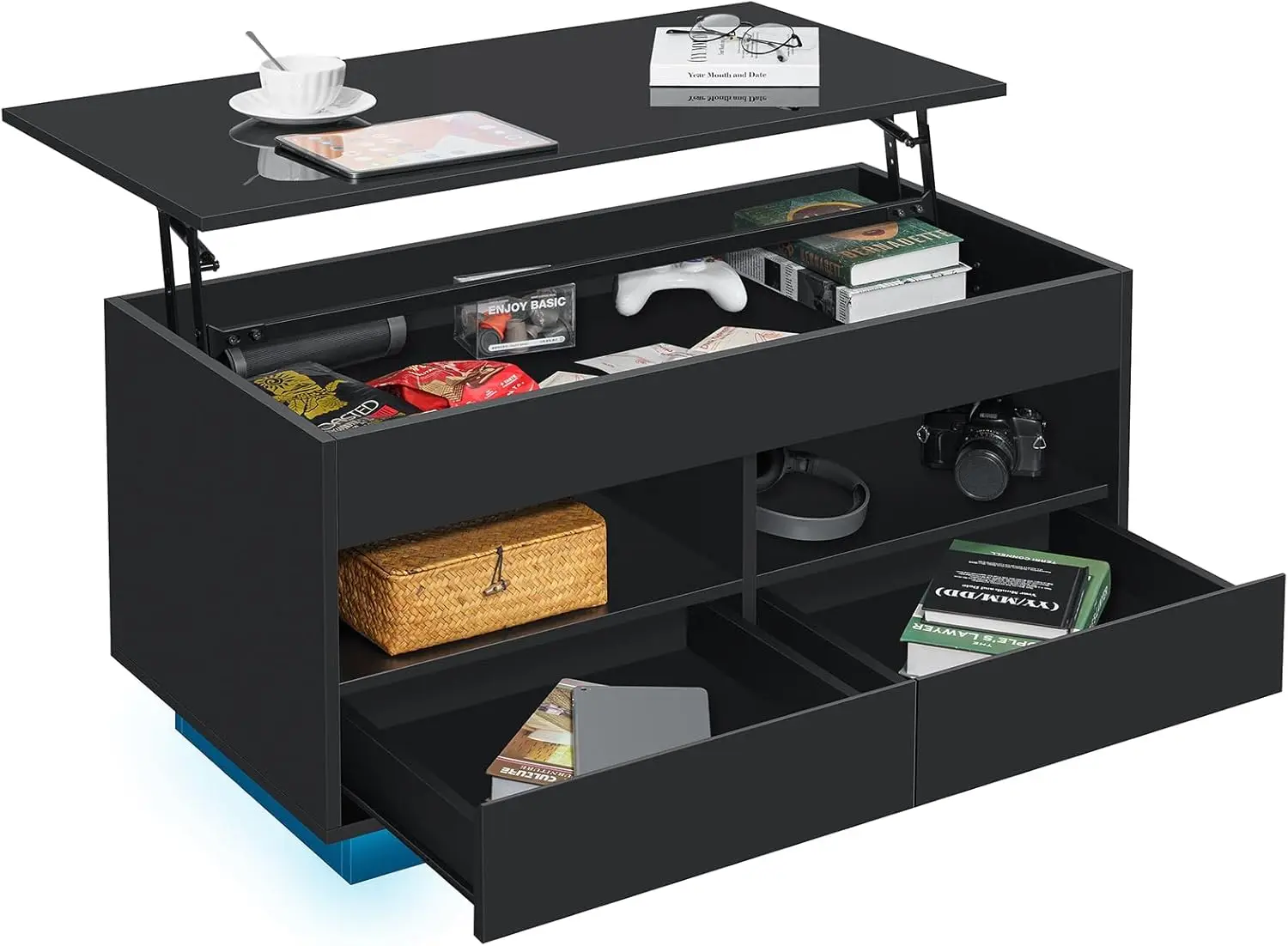 Hidden Compartment & 2 Drawers & 2 Open Shelve,LED Coffee Table with Lift Top Morden Coffee Table with Storage High Gloss Black