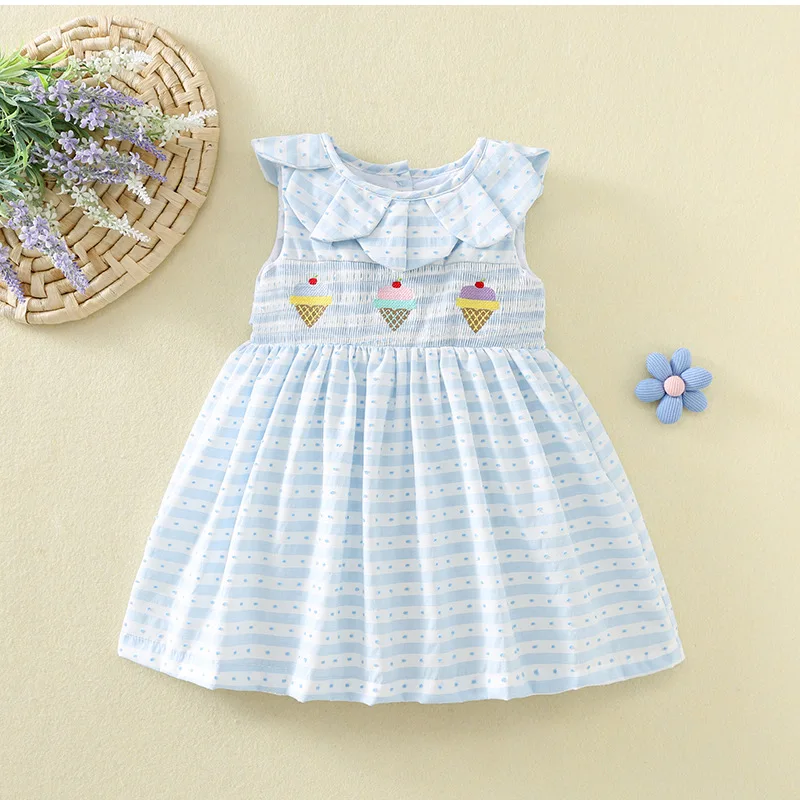 Summer Girls Sleeveless Drawstring Dress Korean Petal Collar Children's Ice Cream Embroidered Princess Skirt Girls' Summer Skirt