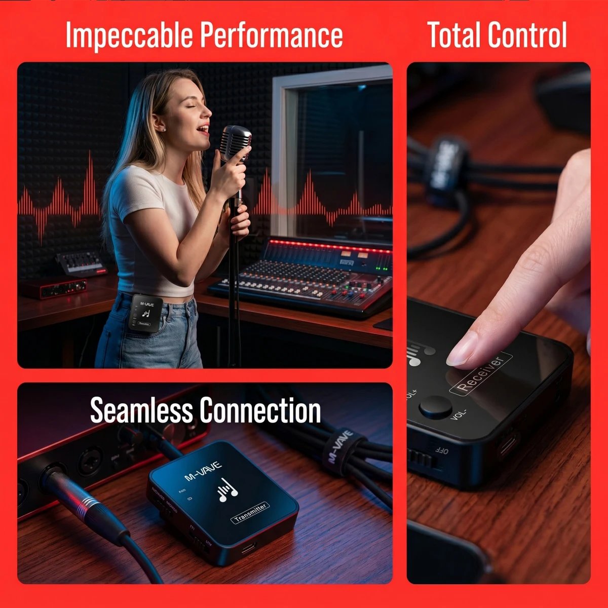 M-VAVE WP-10 Wireless IEM System – Transmitter & Receiver, Low Latency, 780/550mAh Battery, USB-C, Includes Cables view 6
