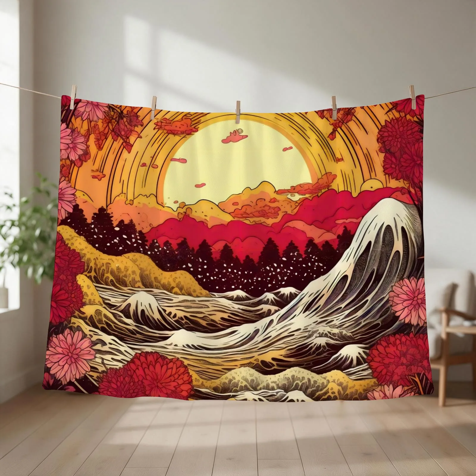 Japanese Japan Wood Block Sunset Okiyo-e Garden Flowers Landscape Throw Blanket Decorative Sofa Kid'S Soft Hairy Blankets