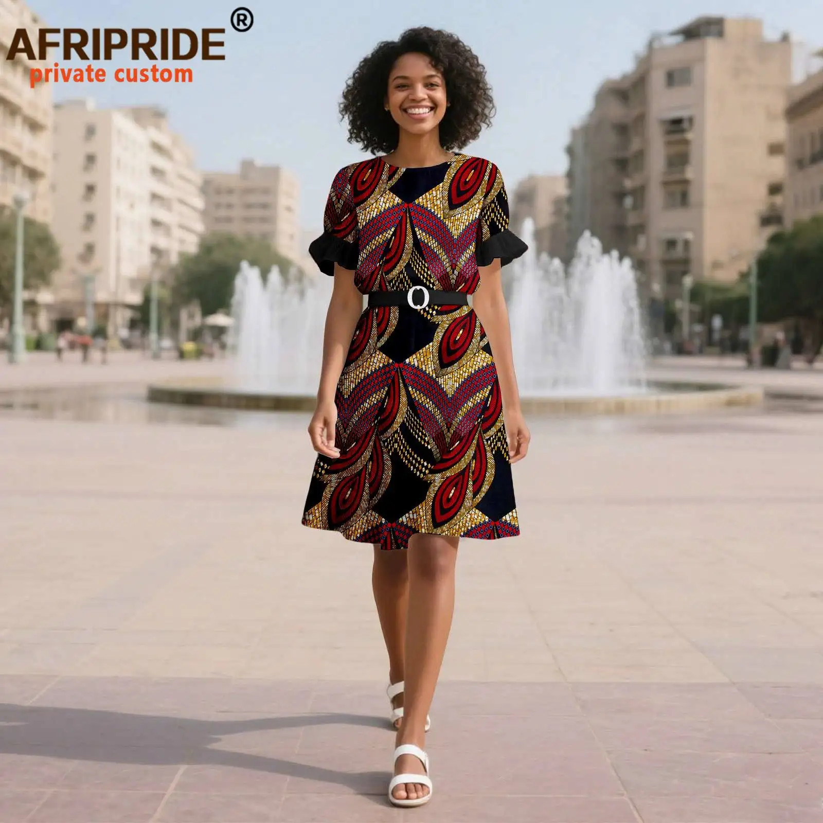 African Dresses for Women Short Sleeve High Waist Print Elegant Party Dress with Belt Ankara Attire Traditional Outfits 2525101
