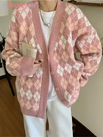 Vintage Pink Argyle Sweater Cardigan Aelegantmis