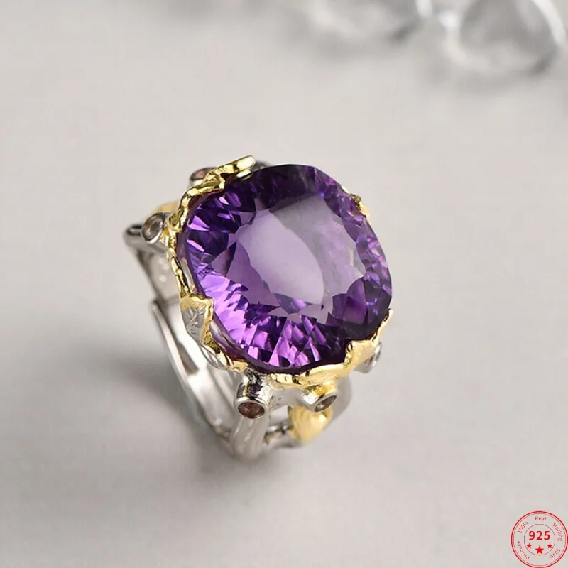 

S925 Sterling Silver Charms Rings for Women New Fashion Contrast Color Leaves Amethyst Yellow Crystal Jewelry Free Shipping