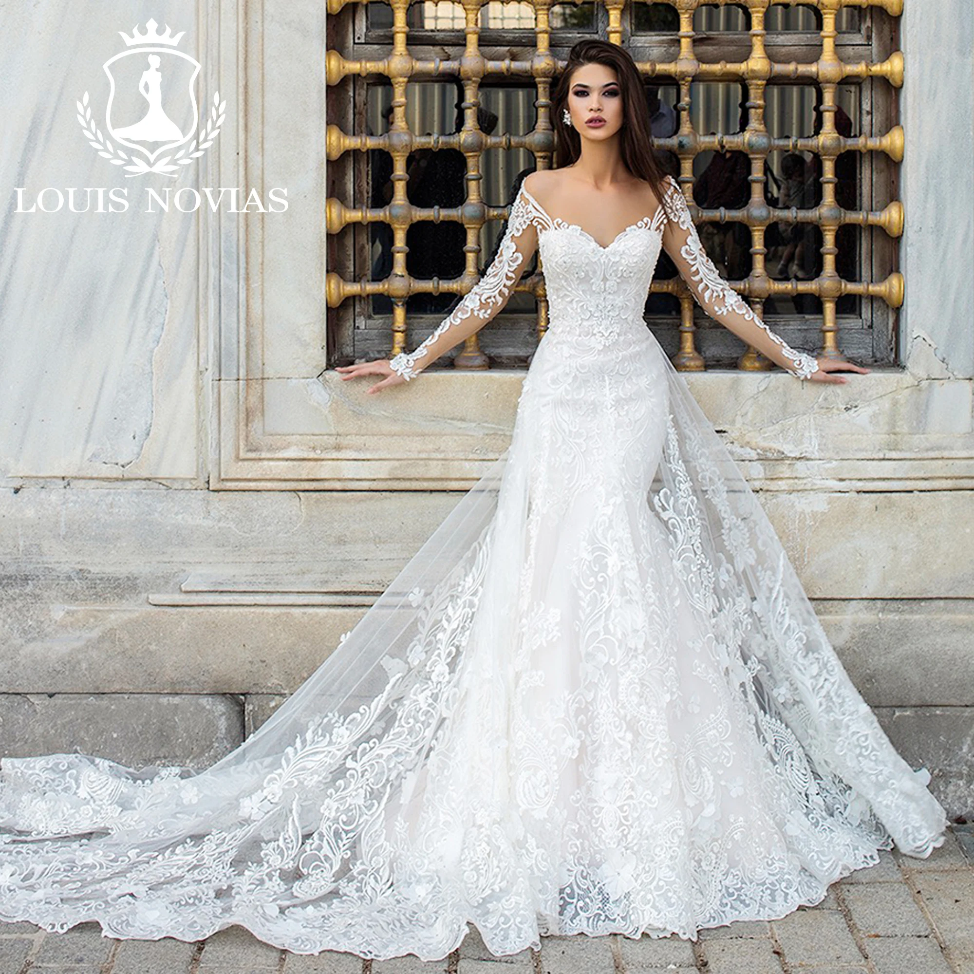 

LOUIS NOVIAS Long Sleeve Mermaid Wedding Dress 2023 Flowy Sweetheart Illusion Long Tail Trumpet Wedding Gown Vestidos De Novia