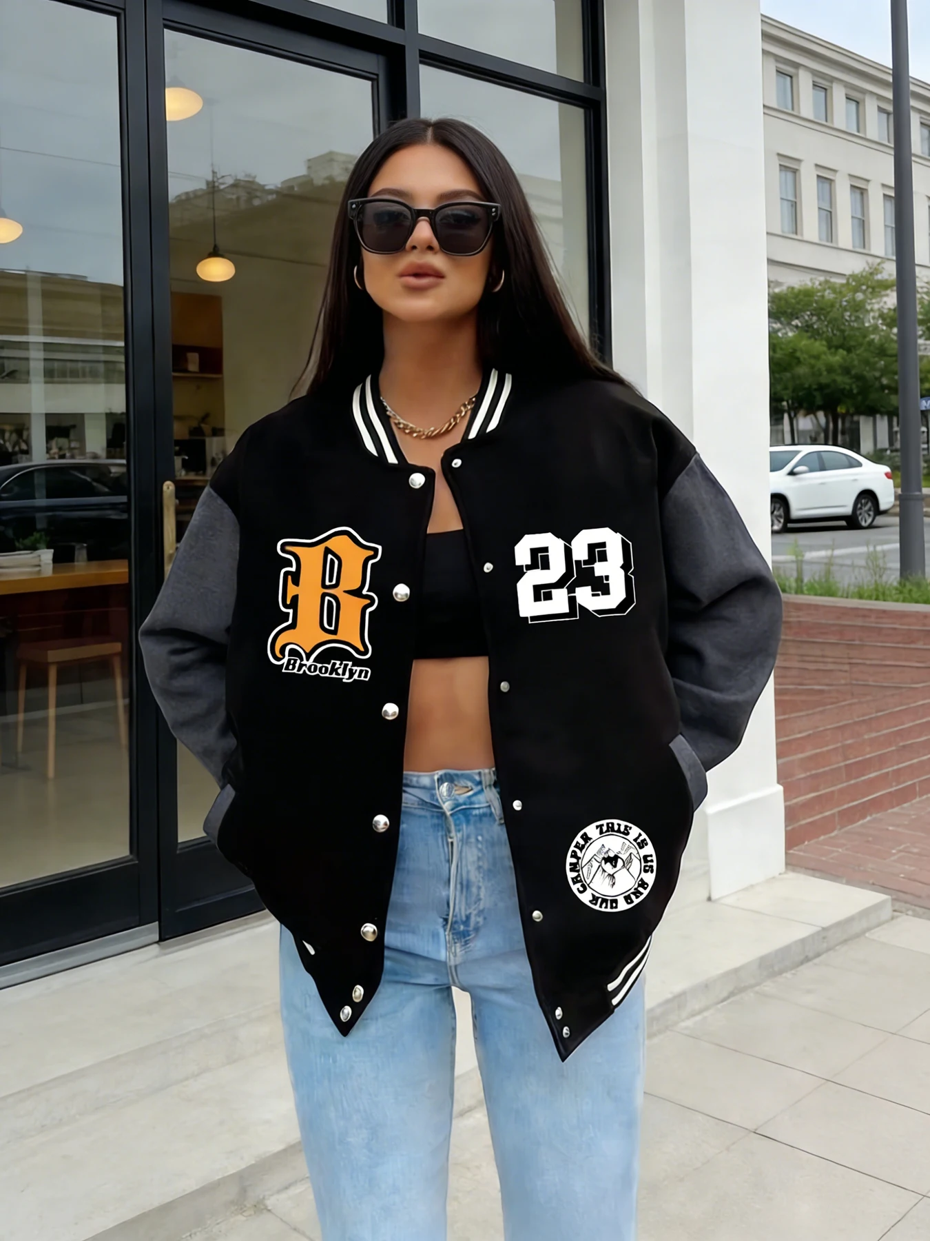 Women Oversize Baseball Jacket Brooklyn "B" 23 Number Print Casual Varsity Coat Fashion Streetwear Outerwear Trendy Loose Jacket