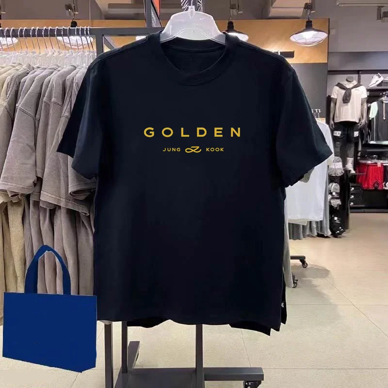 JungKook Gold Short sleeved Men\'s Aesthetic Standing by Your Side Short sleeved Cotton Album Letter Print Gold Short sleeved