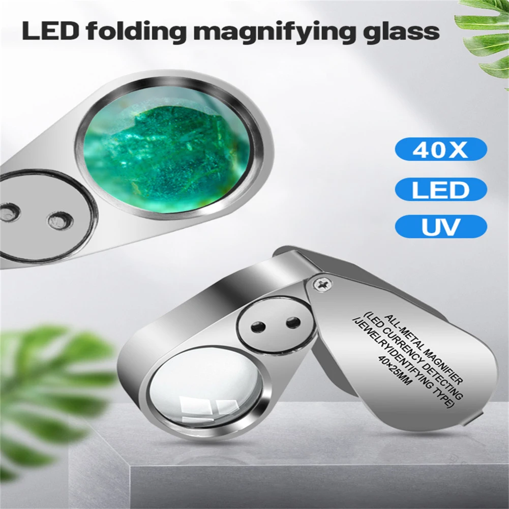 40X25Mm Led Lichtgevende Opvouwbare Vergrootglas Draagbare Handheld Metalen Sieraden Vergrootglas Met Led Uv Lamp Juweliers Eye Glass