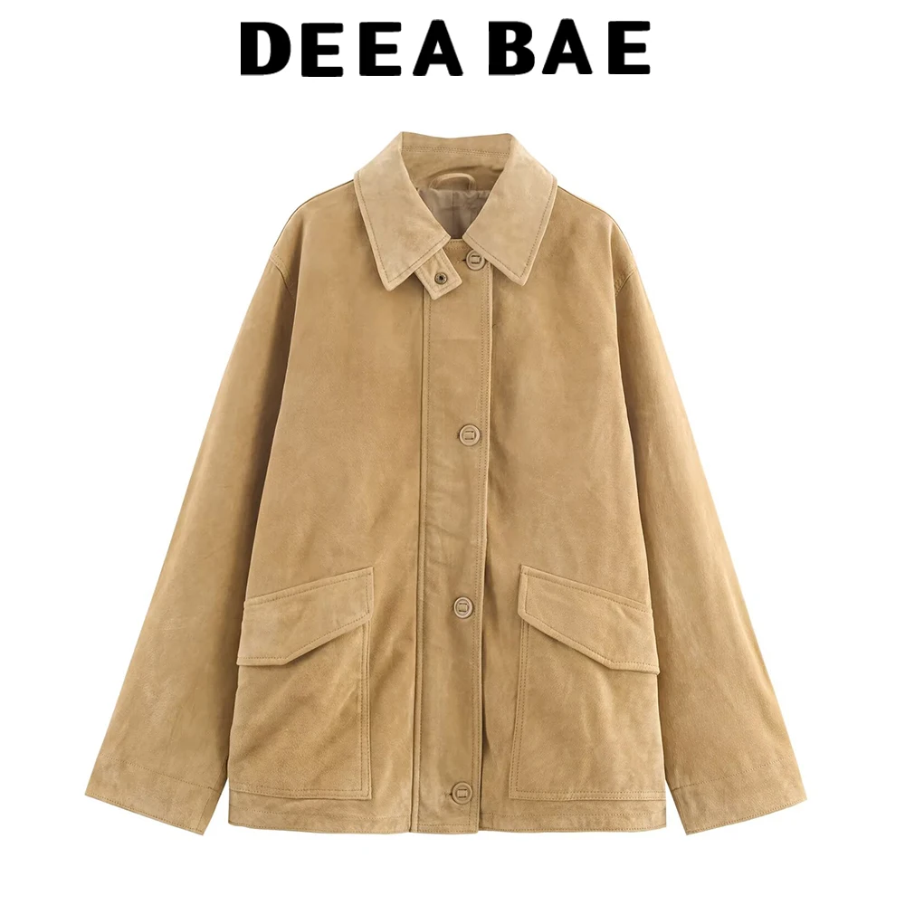 

DEEABAE 2025 Autumn New Product Women's Lazy Style Loose Pocket Decoration Suede Texture Leather Jacket Coat