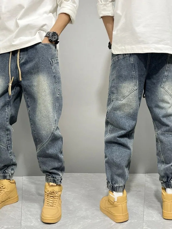 

Мужские джинсы-морковки в стиле ретро с цветными вставками, новинка весны, повседневные, износостойкие, из смесового хлопка и полиэстера